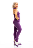 Frozen Couture Crsytal Training Pants for ice figure skating with crystal design on one leg, model wearing plum coloured pants in photo