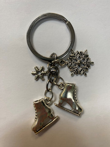 Two Skates and Snowflake Keychain - Silver
